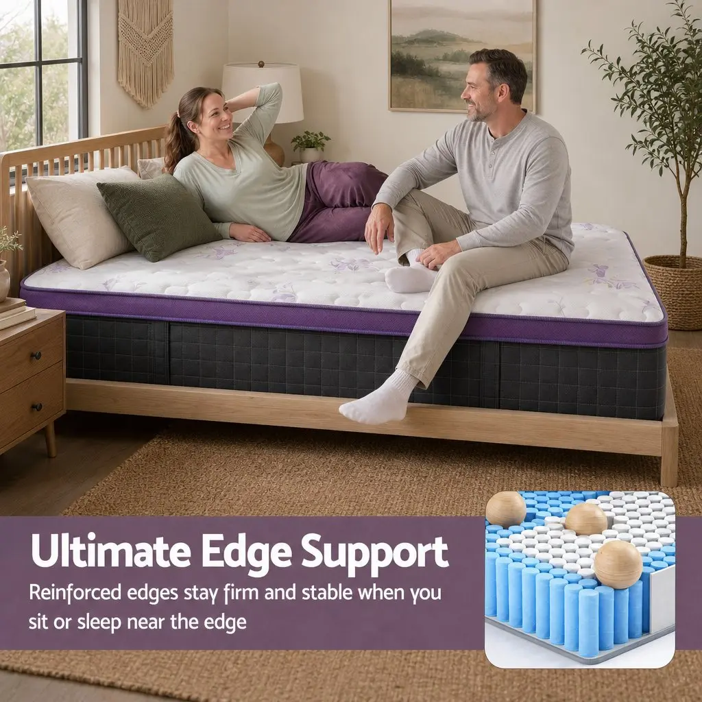 Double Mattress Firm Breathable Euro Top 35cm Pocket Spring Purple and Black with Edge Support