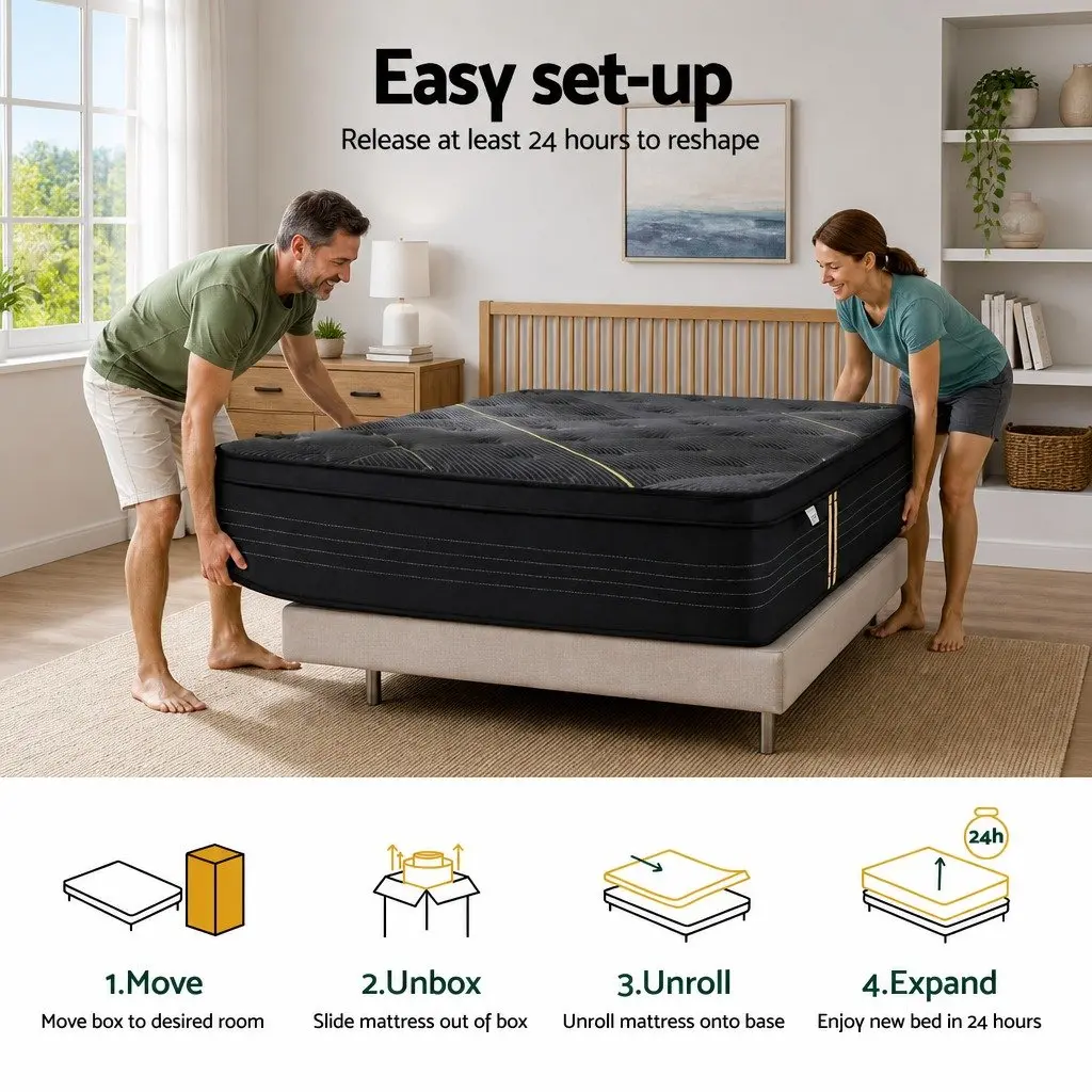 King Single Mattress Medium Firm 35cm Hybrid Pocket Spring Bamboo Charcoal Foam Black