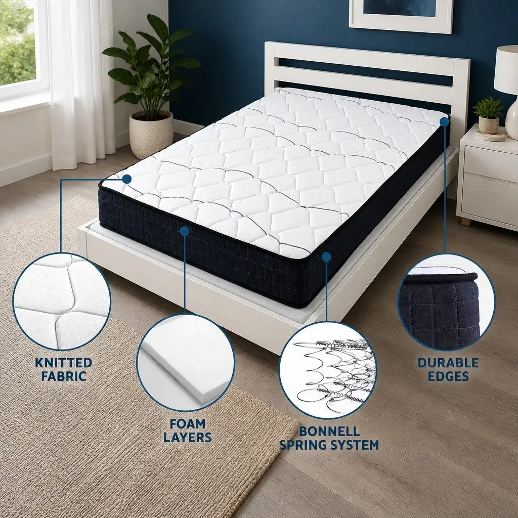King Single Mattress Medium Firm 16cm White Bonnell Spring Foam Support