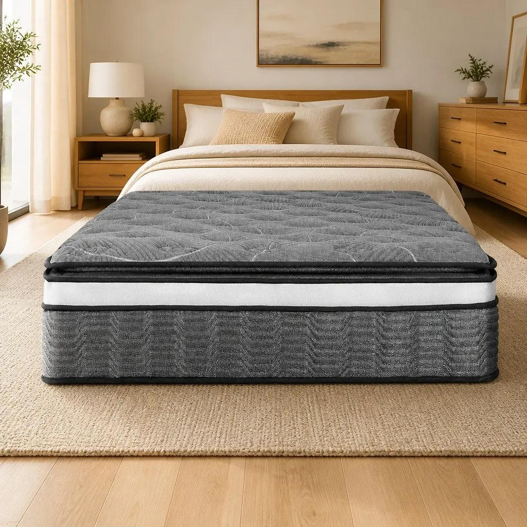 Queen Mattress Medium Firm 34cm Double Layer Pocket Spring Bamboo Knitted Black