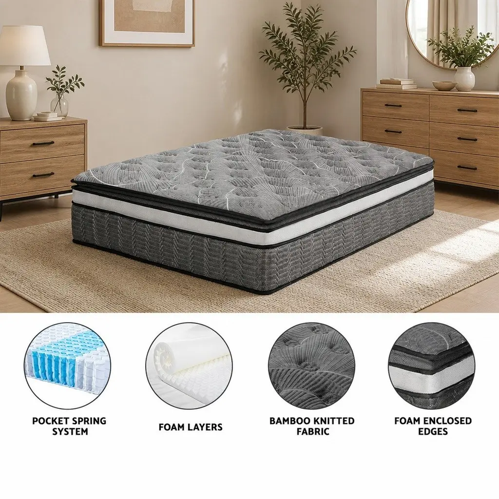 Queen Mattress Medium Firm 34cm Double Layer Pocket Spring Bamboo Knitted Black