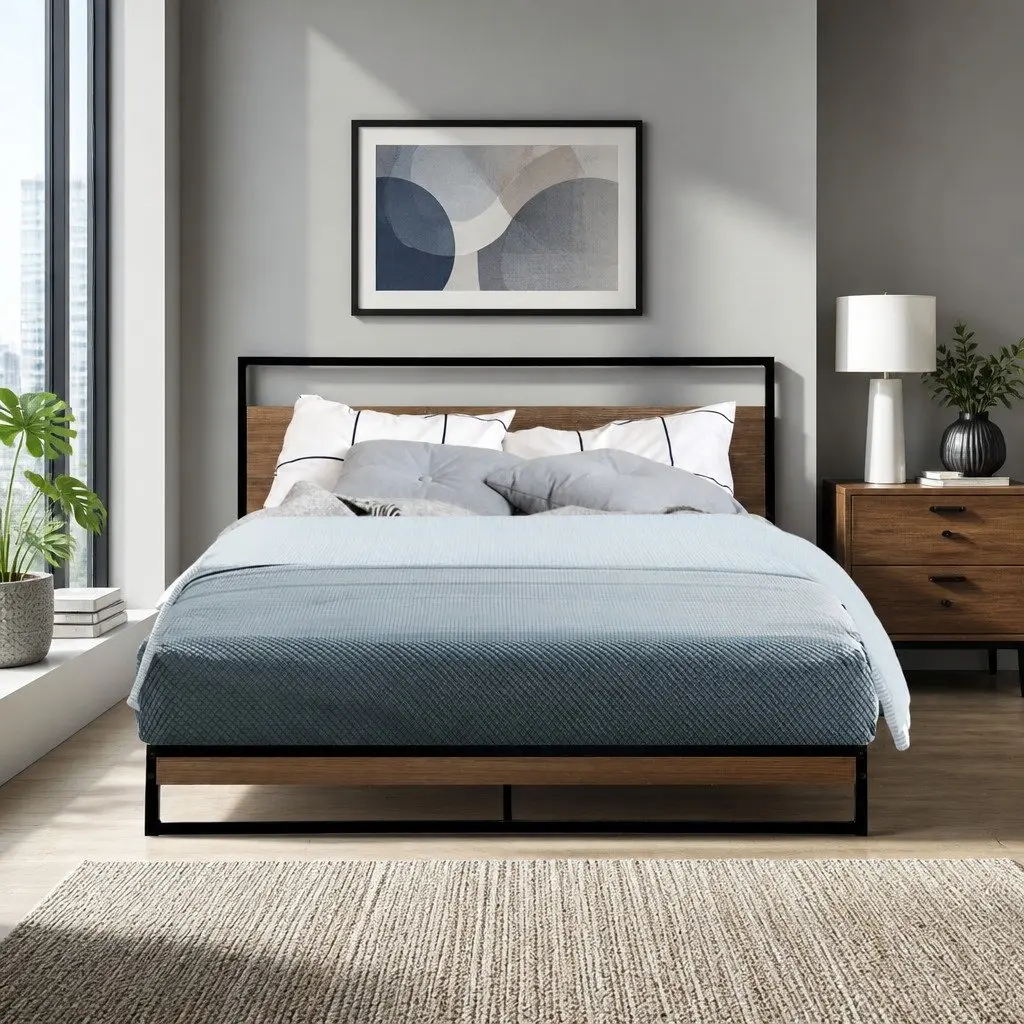 Double Metal Bed Frame Sturdy Industrial Style Black with Dark Wood Accents for Standard Double Mattress
