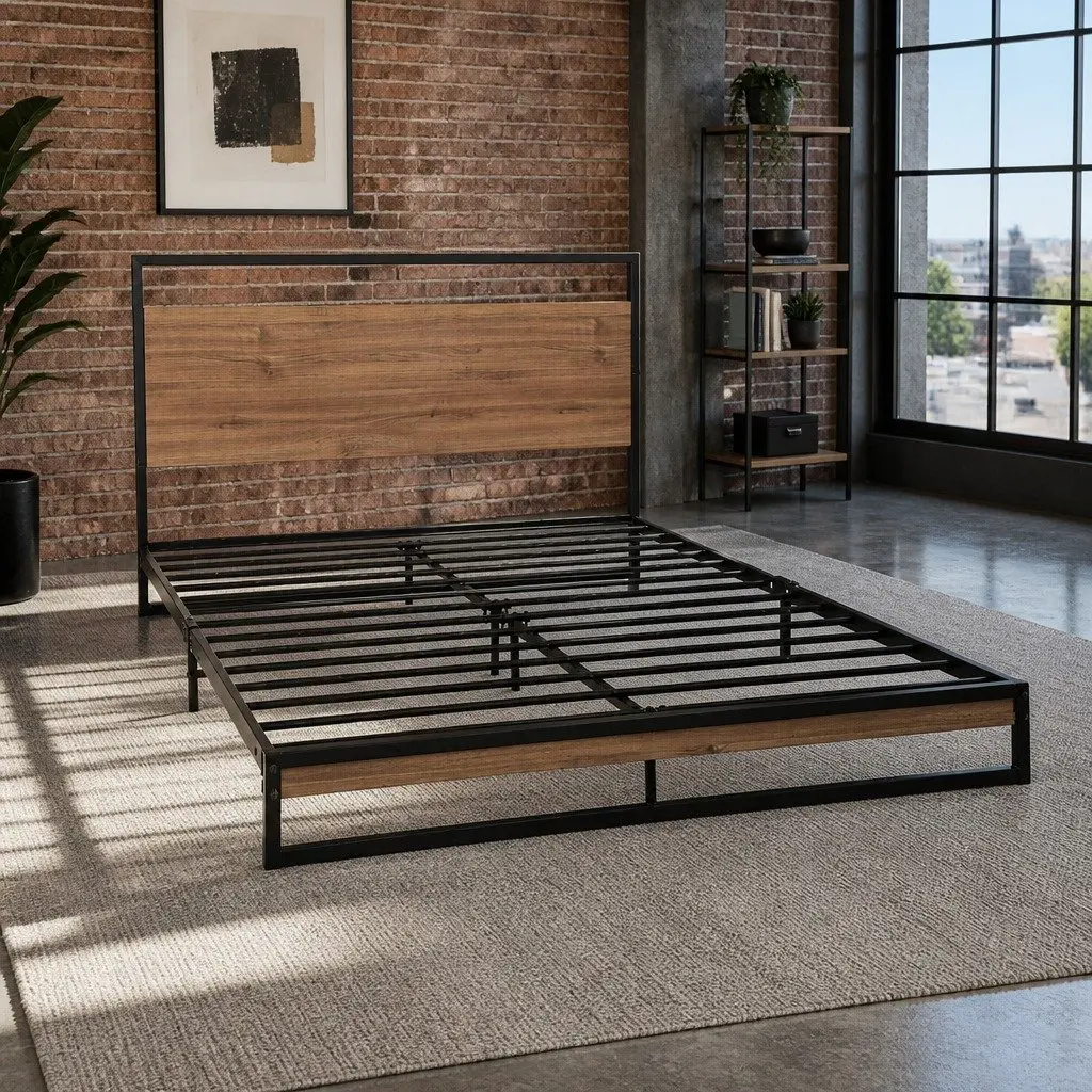 King Single Bed Frame Black Industrial Style Metal and Wood Construction