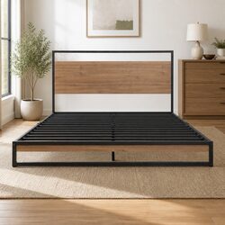 Queen Size Bed Frame: Black Metal and Wood Design