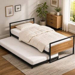 Black Metal Trundle Daybed Frame for Single Mattress