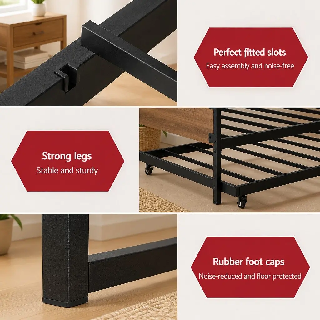 Metal Daybed Frame with Trundle Modern Industrial Style Single Size Black