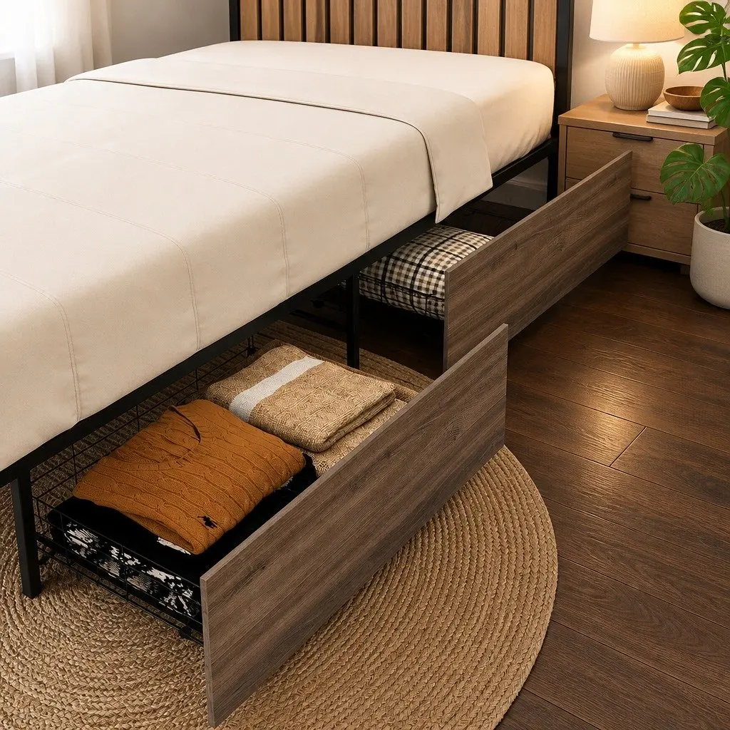 2x Metal Bed Storage Trundle Drawers Under Bed Bedroom Organiser Walnut Black