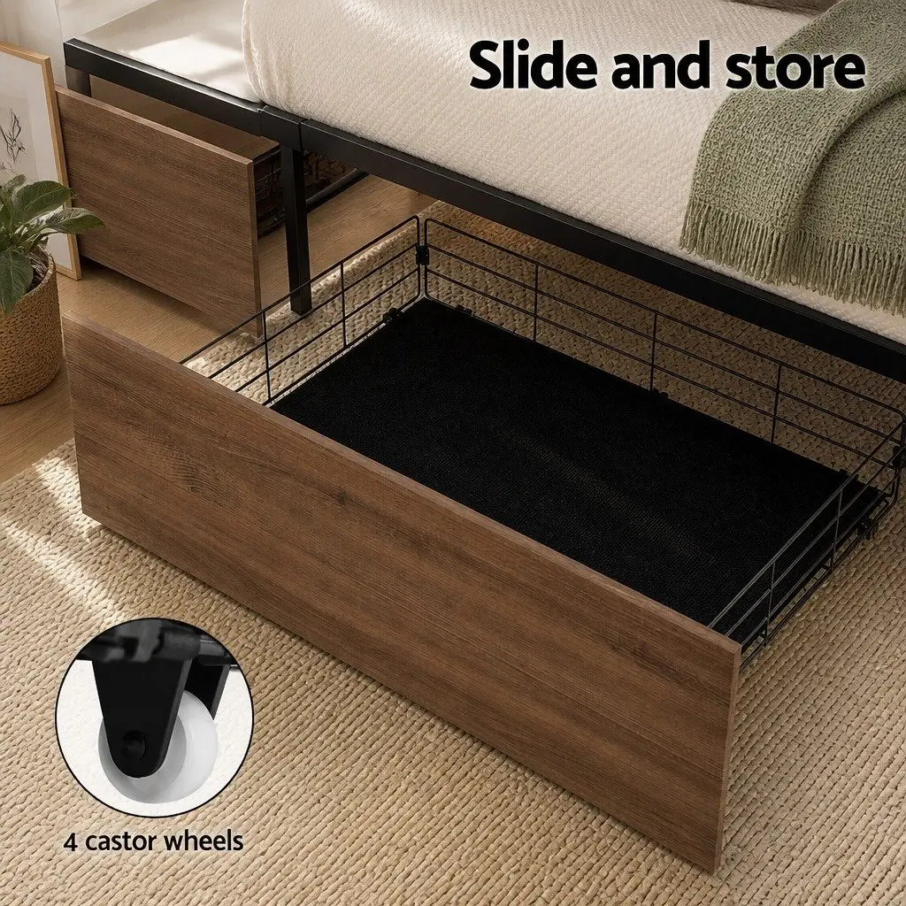2x Metal Bed Storage Trundle Drawers Under Bed Bedroom Organiser Walnut Black