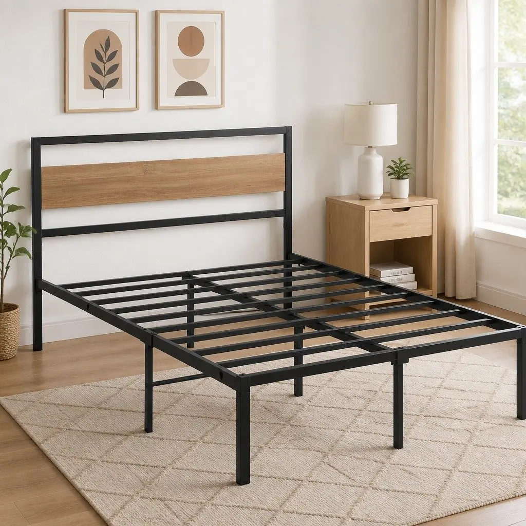 Double Bed Frame Metal Base Industrial Style Black