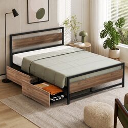 Stylish Industrial Double Bed Frame with Storage Drawers