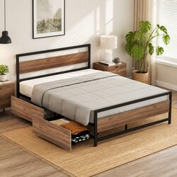 Modern Queen Metal Bed Frame with Built-in Storage