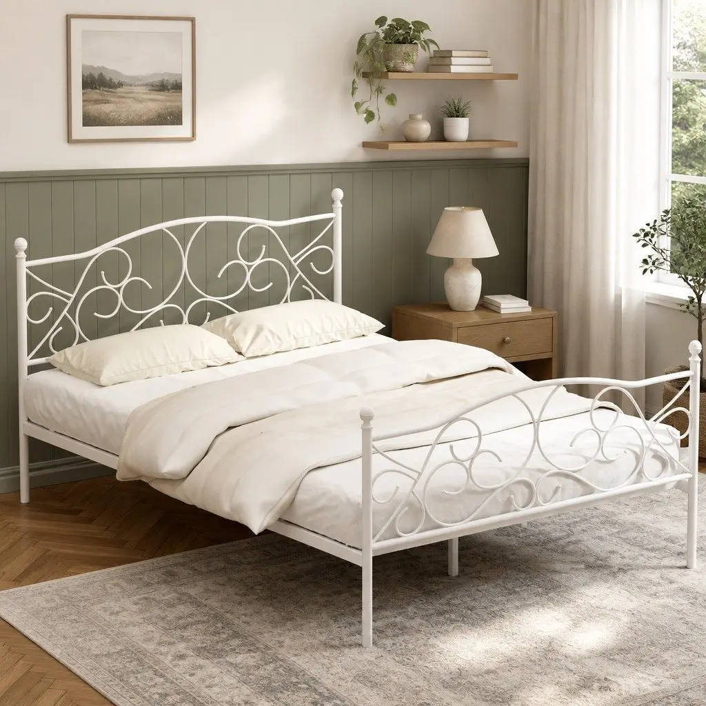 Double Bed Frame Metal Storage White Hollow Out Headboard