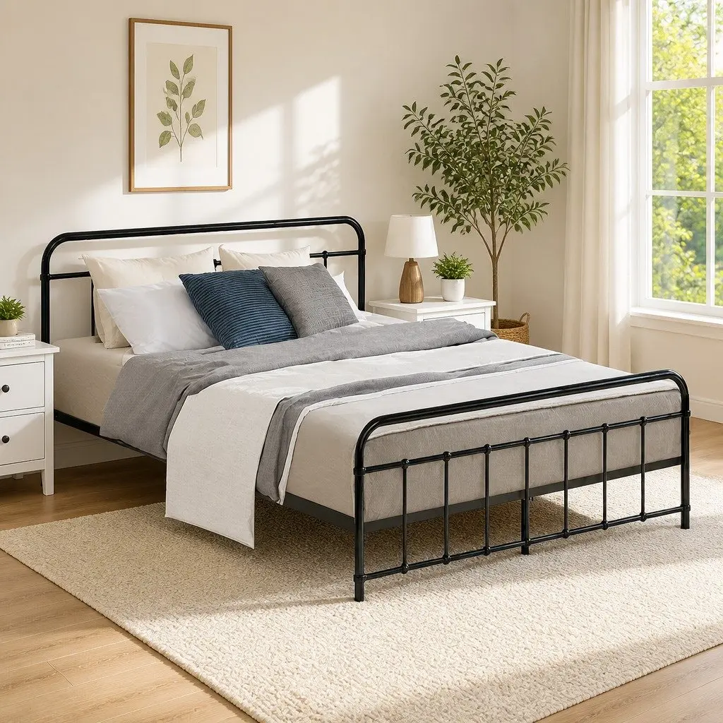 Queen Bed Frame Powder-Coated Steel Country Style Storage Underneath Black