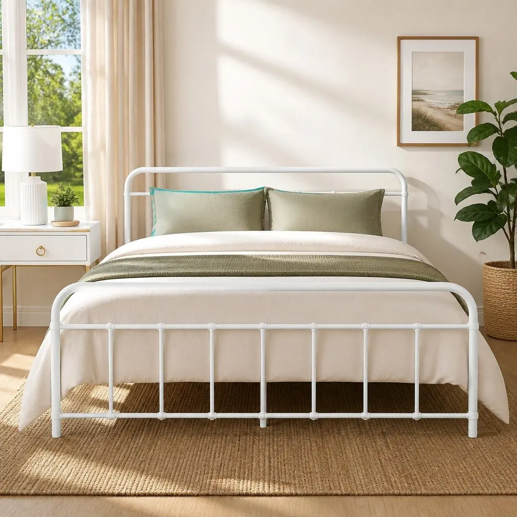 Queen Metal Bed Frame White Powder Coated Steel Country Style with Under Bed Storage and Metal Slat Support