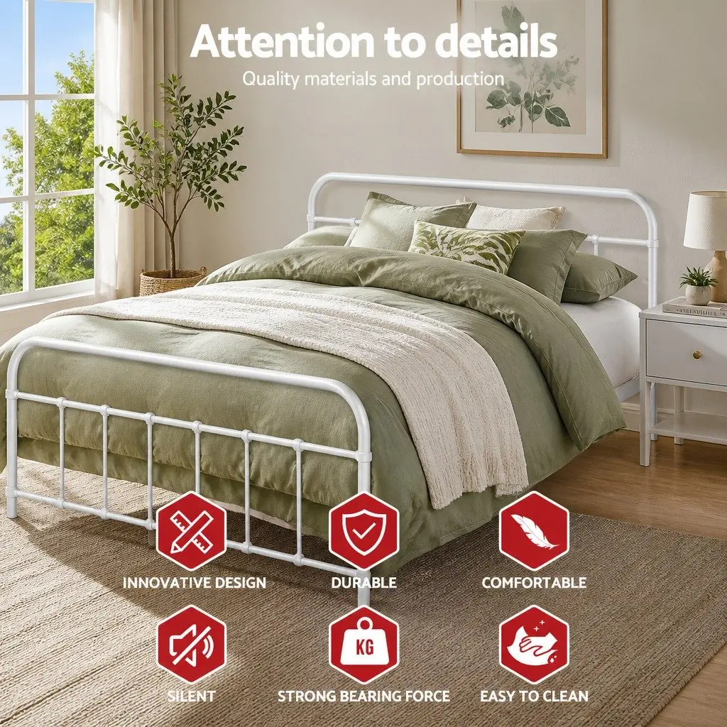 Queen Metal Bed Frame White Powder Coated Steel Country Style with Under Bed Storage and Metal Slat Support