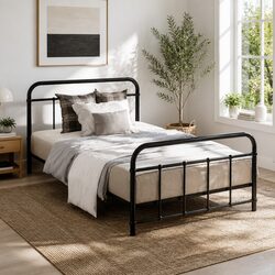Single Metal Bed Frame Black Steel Construction