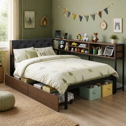 Single Bed Frame with Storage Drawers Metal Base