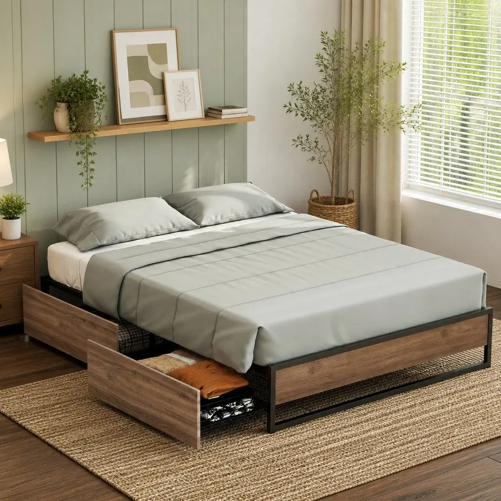Queen Size Bed Frame with 2 Storage Drawers Metal Steel Base Industrial Design