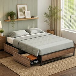 Modern Queen Bed Frame with Dual Storage Drawers