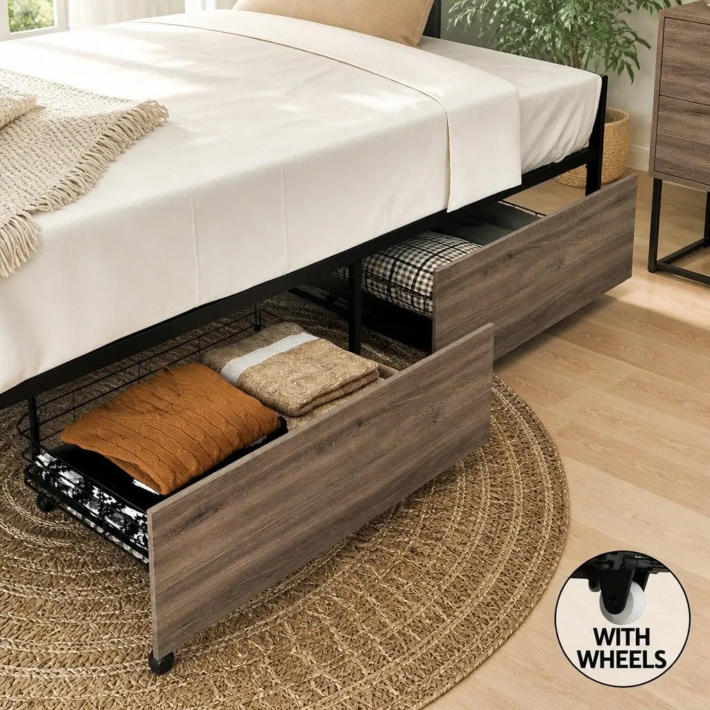 Queen Size Bed Frame with 2 Storage Drawers Metal Steel Base Industrial Design