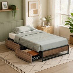 Sleek Single Bed Frame with 2 Drawers for Storage