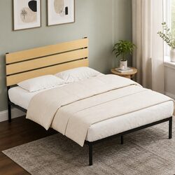 Modern Black Metal Queen Bed Frame with Rustic Finish