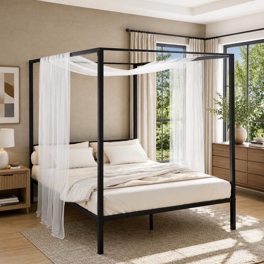 Double-Sized Metal Bed Frame with Four-Poster Canopy