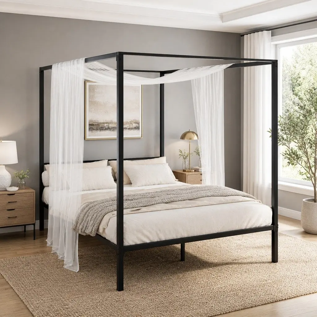 Metal Bed Frame Four-Poster Canopy Black Contemporary Queen Size with Low-Profile Headboard and Under-Bed Storage Space