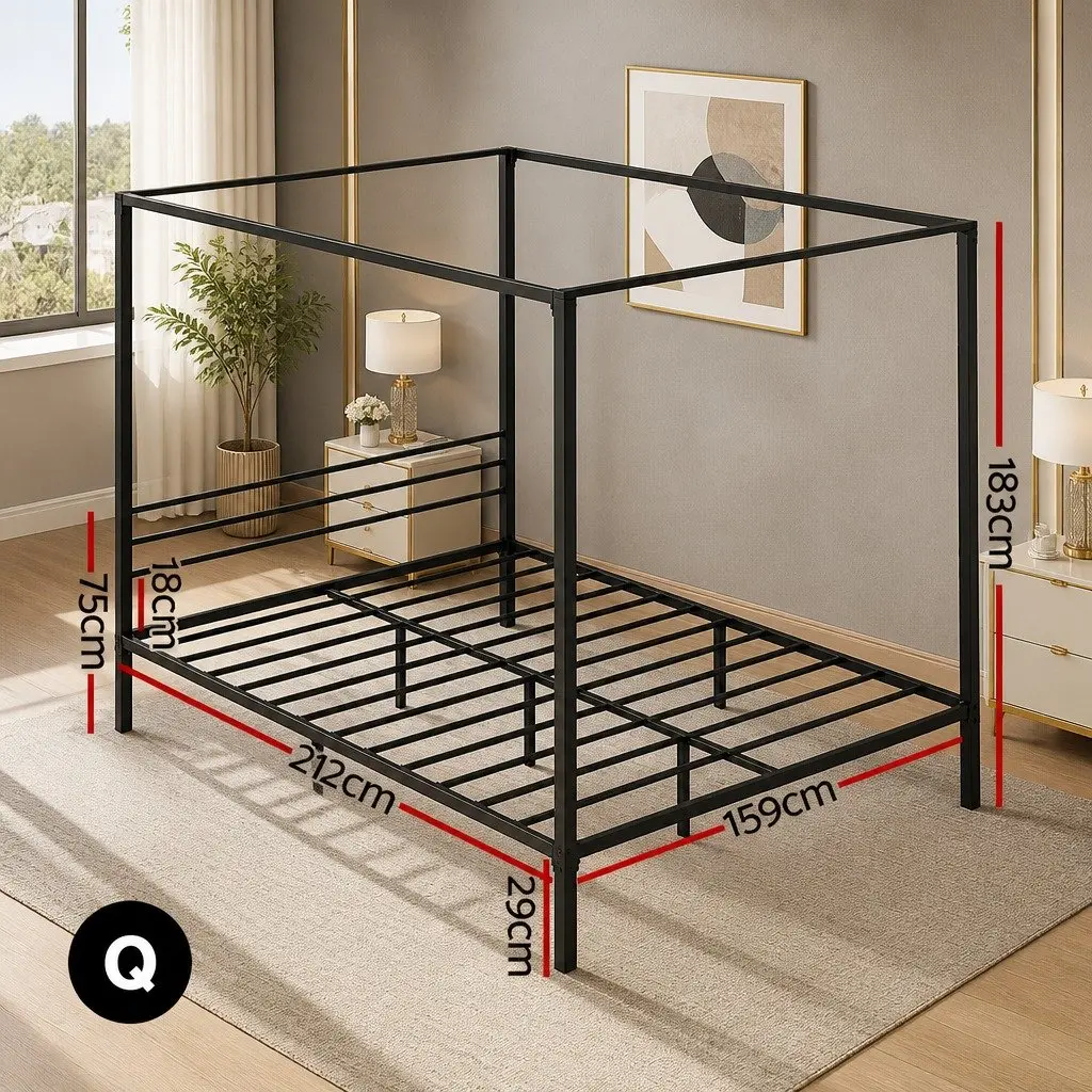 Metal Bed Frame Four-Poster Canopy Black Contemporary Queen Size with Low-Profile Headboard and Under-Bed Storage Space