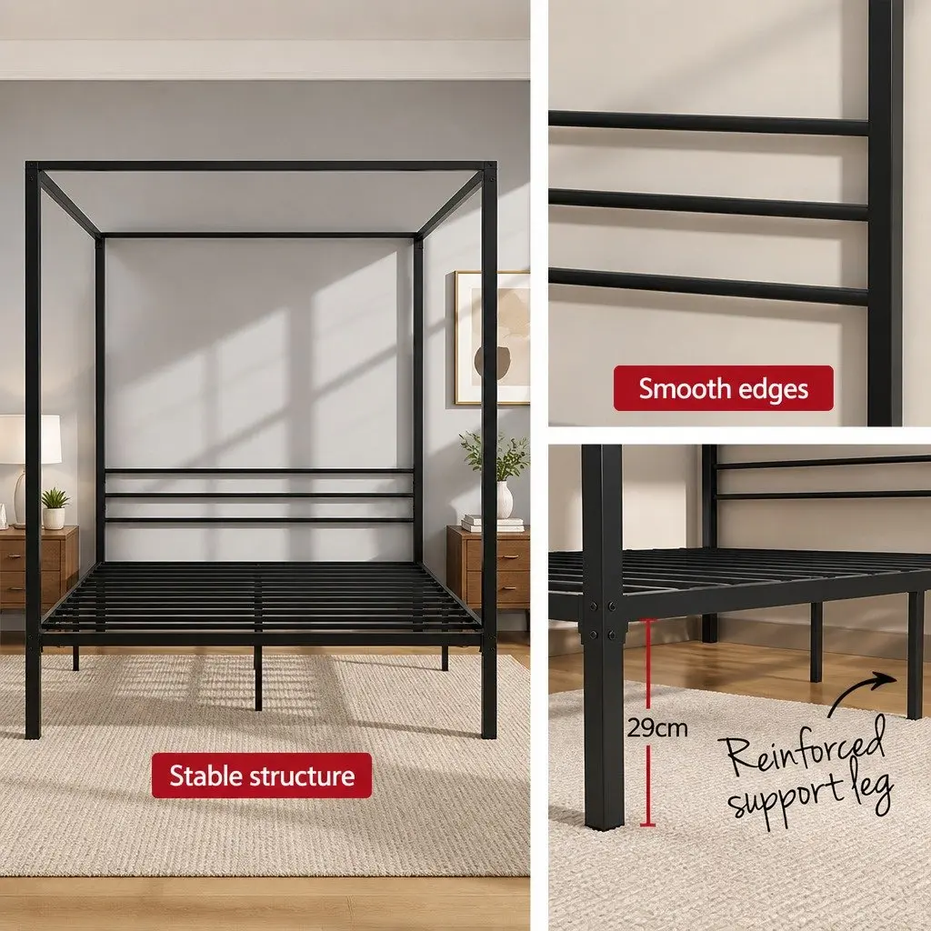 Metal Bed Frame Four-Poster Canopy Black Contemporary Queen Size with Low-Profile Headboard and Under-Bed Storage Space