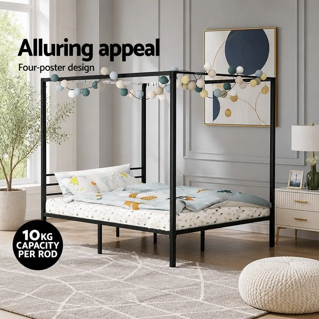 Metal Bed Frame Four-Poster Canopy Black Contemporary Queen Size with Low-Profile Headboard and Under-Bed Storage Space