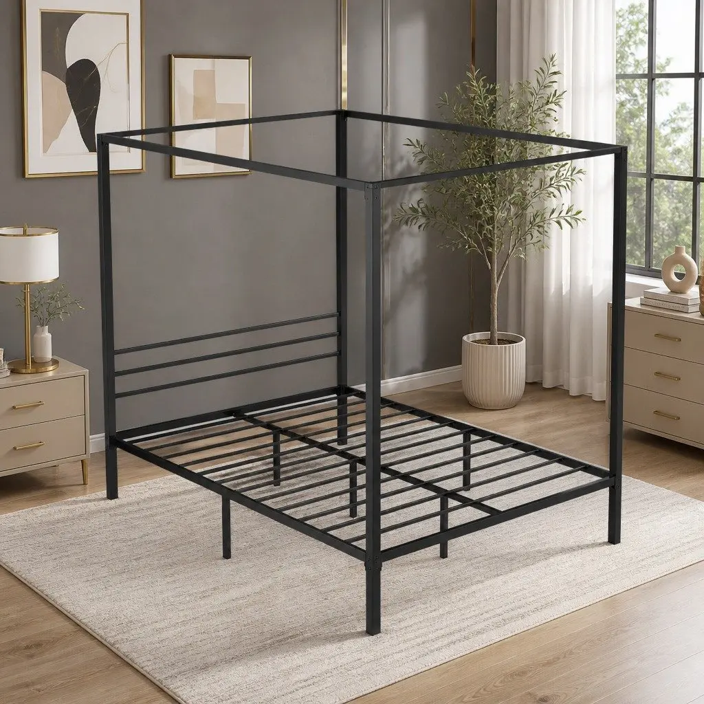 Metal Bed Frame Four-Poster Canopy Black Contemporary Queen Size with Low-Profile Headboard and Under-Bed Storage Space