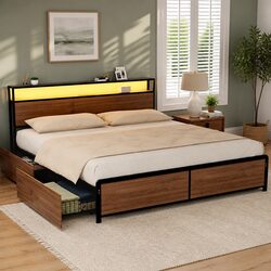King Size Metal Bed Frame with Storage and Charging Hub