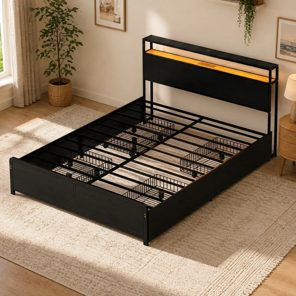 Metal Bed Frame with Storage Drawers Charging Station Queen Size Black