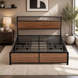 Queen Size Metal Bed Frame with Storage Headboard and LED
