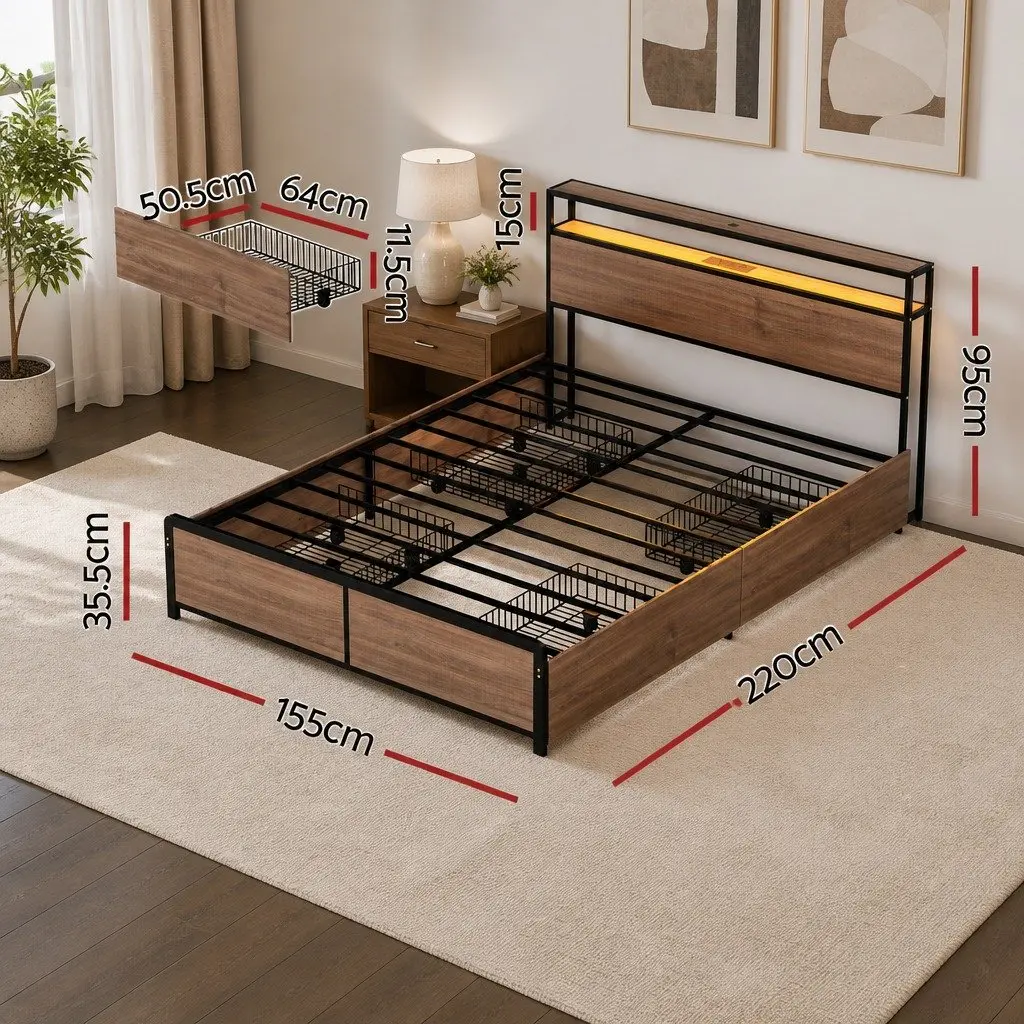 Metal Bed Frame with Integrated Storage Headboard 4 Drawers for Queen Mattress Black