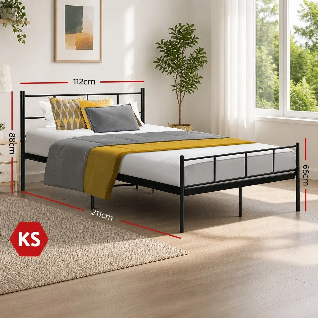 King Single Metal Bed Frame Black Powder-Coated Steel Storage Slat Base Furniture