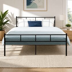 Queen-Sized Metal Bed Frame in Black Steel with Storage