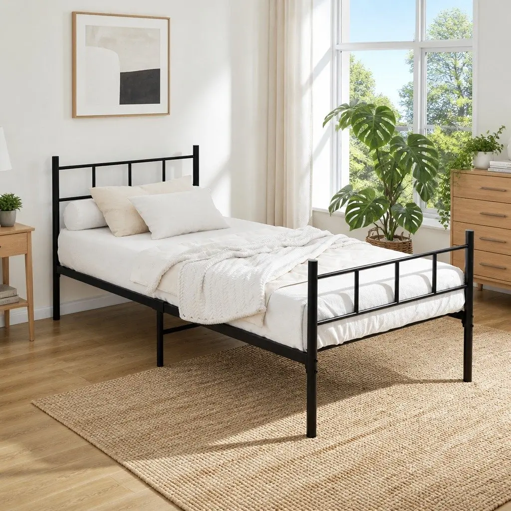 Single Bed Frame Sturdy Support Underbed Storage Space Black Steel Construction