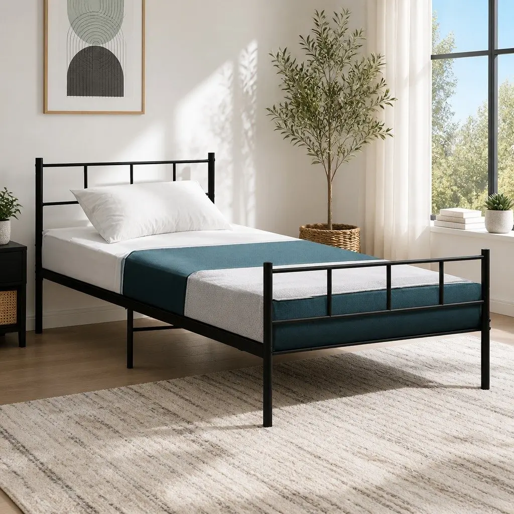Single Bed Frame Sturdy Support Underbed Storage Space Black Steel Construction