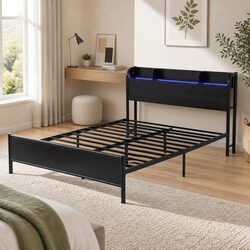 Double Size Bed Frame with Metal Structure and Headboard