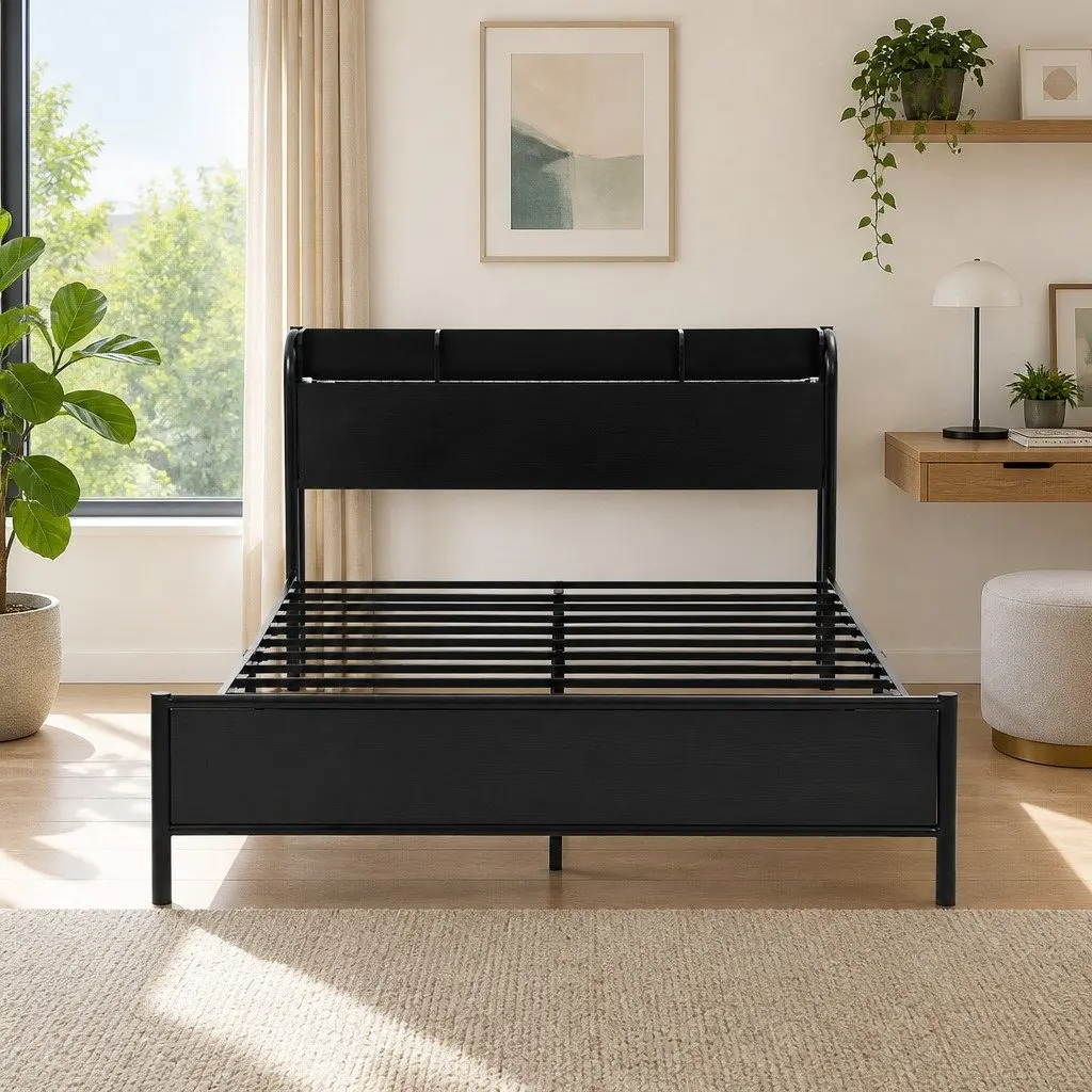 Double Size Metal Bed Frame with Industrial Style LED Lighting and Charging Station Black