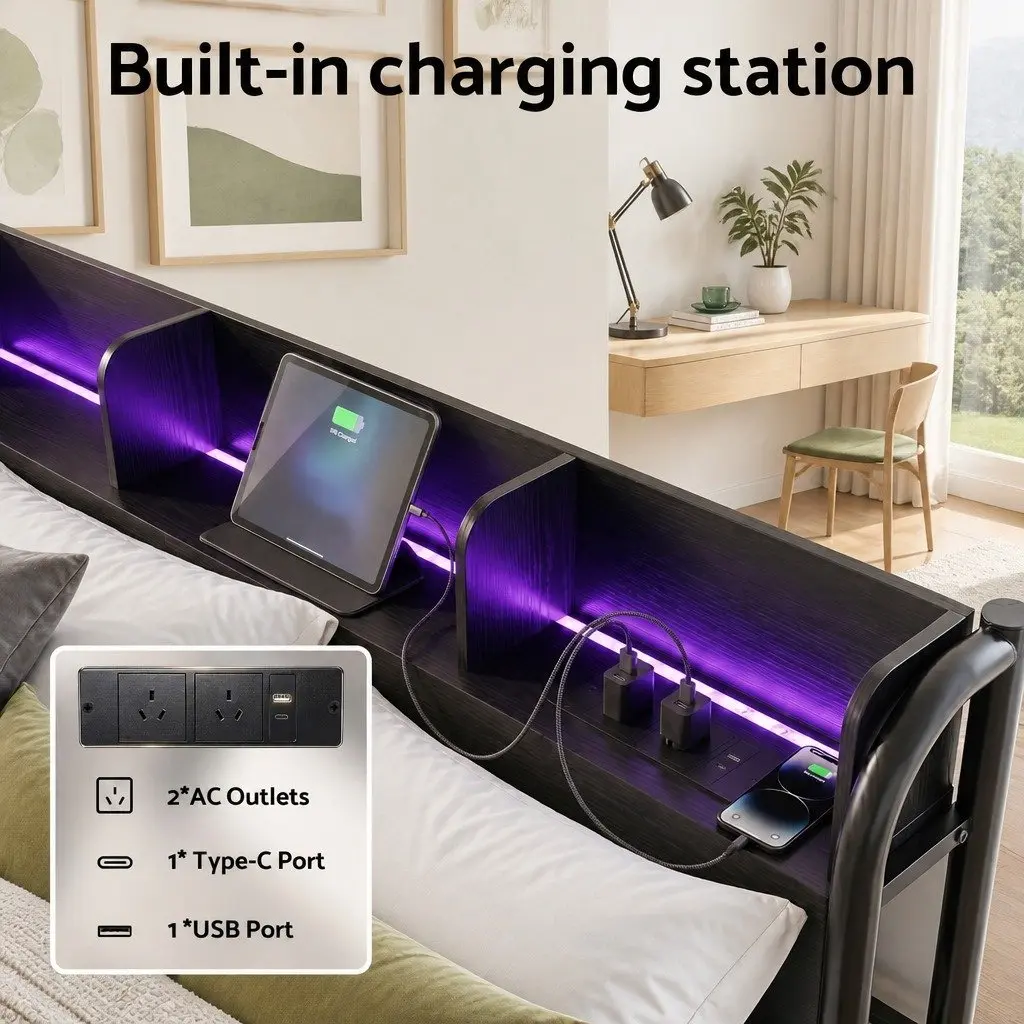 Double Size Metal Bed Frame with Industrial Style LED Lighting and Charging Station Black