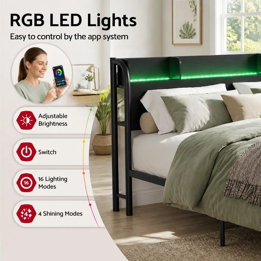 Double Size Metal Bed Frame with Industrial Style LED Lighting and Charging Station Black