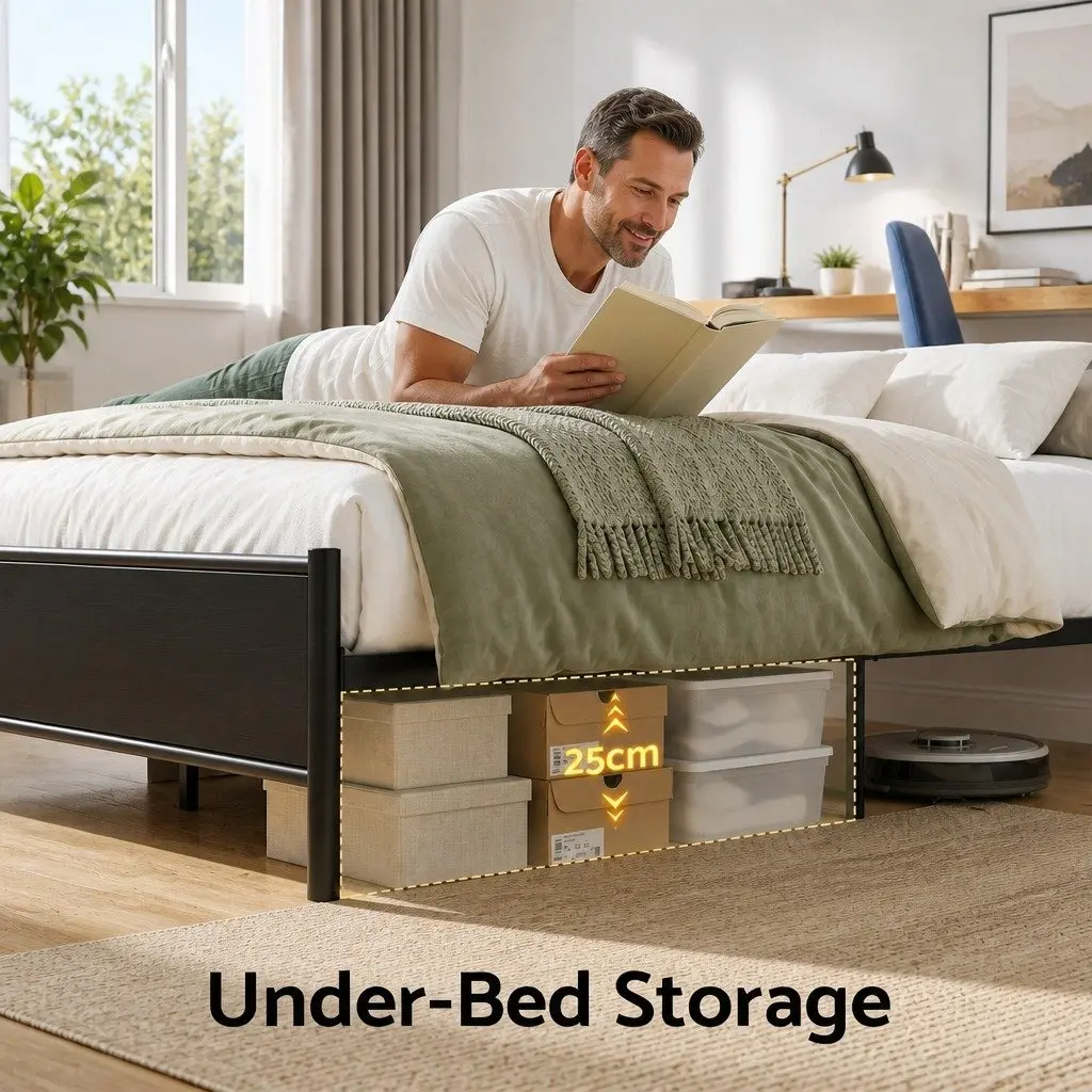 Double Size Metal Bed Frame with Industrial Style LED Lighting and Charging Station Black