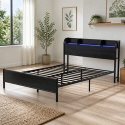 Queen Size Metal Bed Frame with Integrated Charging Station