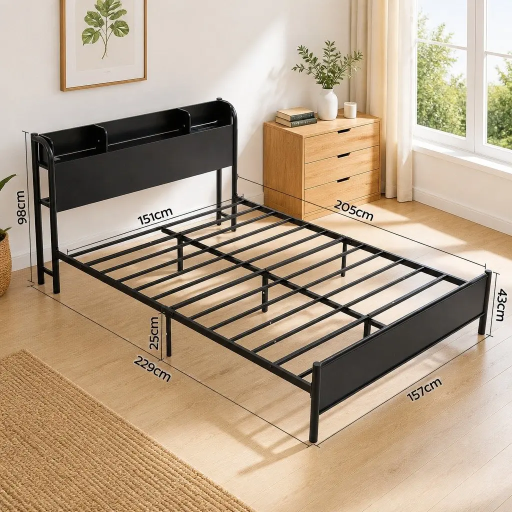 Metal Bed Frame with Charging Station and LED Lights Queen Size Black with Storage Headboard