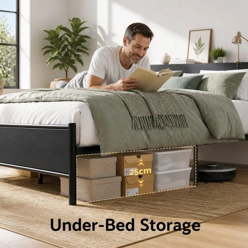 Metal Bed Frame with Charging Station and LED Lights Queen Size Black with Storage Headboard