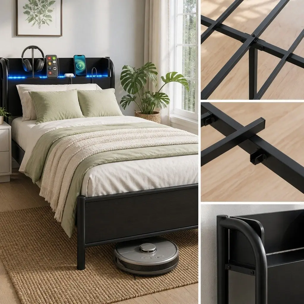 Metal Bed Frame with Charging Station and LED Lights Queen Size Black with Storage Headboard
