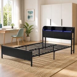 Metal Bed Frame with Storage Headboard and LED Strips